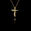 A handcrafted 925 sterling silver two-tone cross pendant featuring a textured gold-plated cross with a smooth rhodium-plated ribbon accent, hanging on a gold chain against a black background.