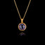 Gold plated 925 sterling silver pendant necklace featuring a round 1cm faceted synthetic amethyst gemstone on an adjustable chain.