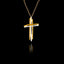 Handcrafted 925 sterling silver modern cross pendant with sculptural double-bar design in gold and rhodium-plated finish, hanging on a gold chain against a black background.