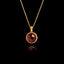 Gold plated 925 sterling silver pendant necklace featuring a round 1cm faceted synthetic ruby gemstone on an adjustable chain.