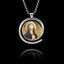 Round 925 sterling silver pendant with a spiral frame featuring a classic painting of the Virgin Mary in prayer.