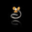 Perspective view of an adjustable silver ring featuring an oxidized flower with a gold-plated center and a pearl.