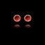 Front view of gold stud earrings featuring circular crimson garnet druzy stones