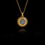 Two-tone 925 sterling silver pendant necklace featuring an oxidized silver Vergina Sun center surrounded by a gold-plated Meander (Greek Key) frame.