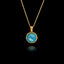 Gold plated 925 sterling silver pendant necklace featuring a round 1cm faceted synthetic turquoise gemstone on an adjustable chain.
