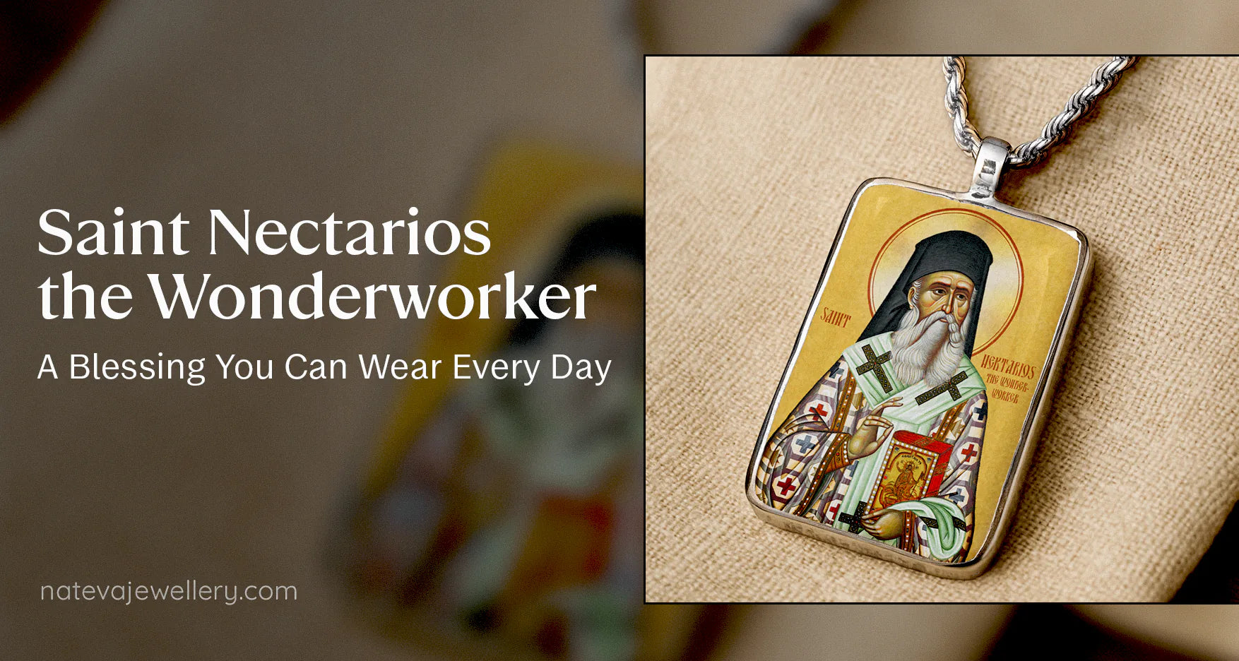 Saint Nectarios the Wonderworker ceramic icon pendant on linen — handcrafted in silver by Nateva.