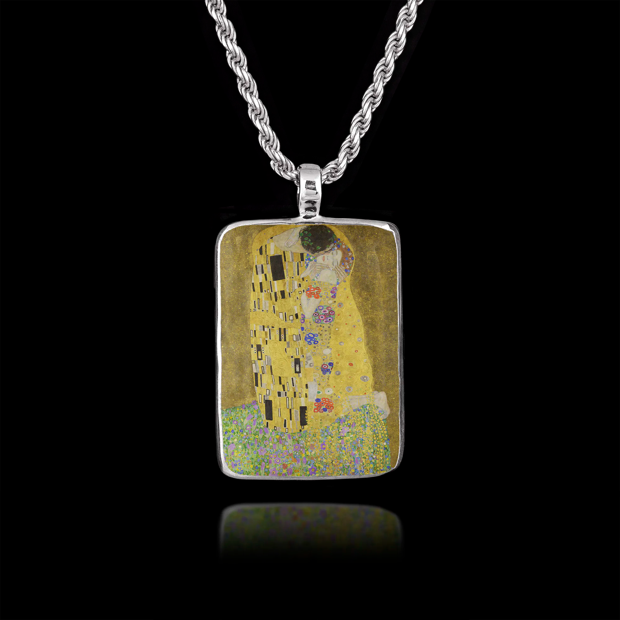 Personalised Sterling Silver Rectangular Pendant – The Kiss by Gustav Klimt Main image