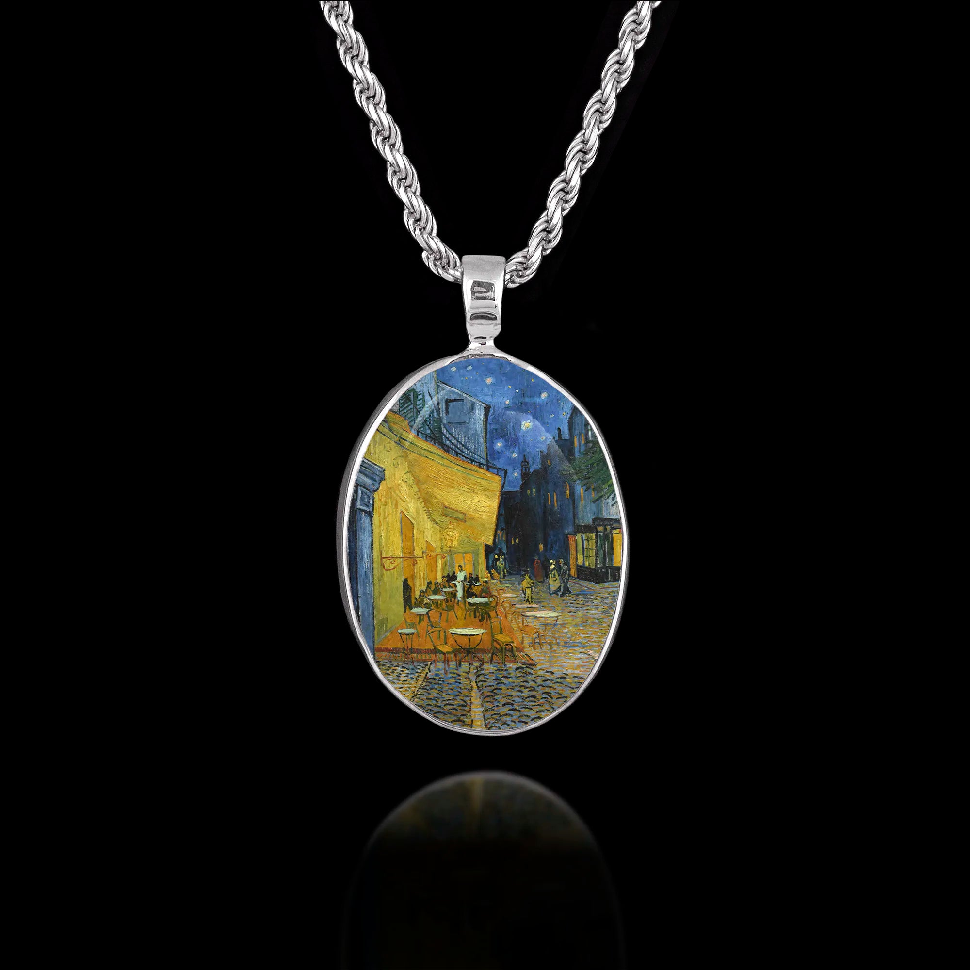 Oval 925 sterling silver pendant featuring a ceramic insert of Van Gogh's "Café Terrace at Night" painting. Main image