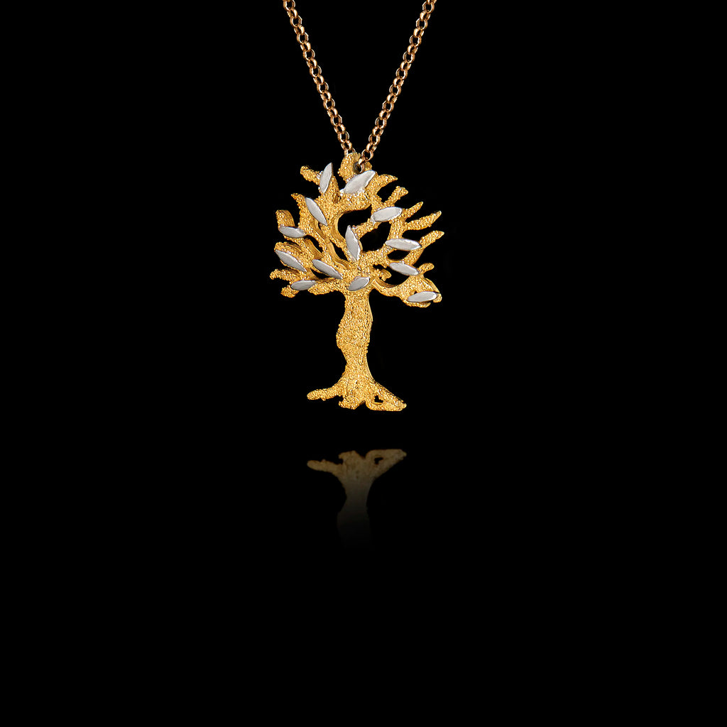 Perspective view of a gold olive tree pendant on a black background