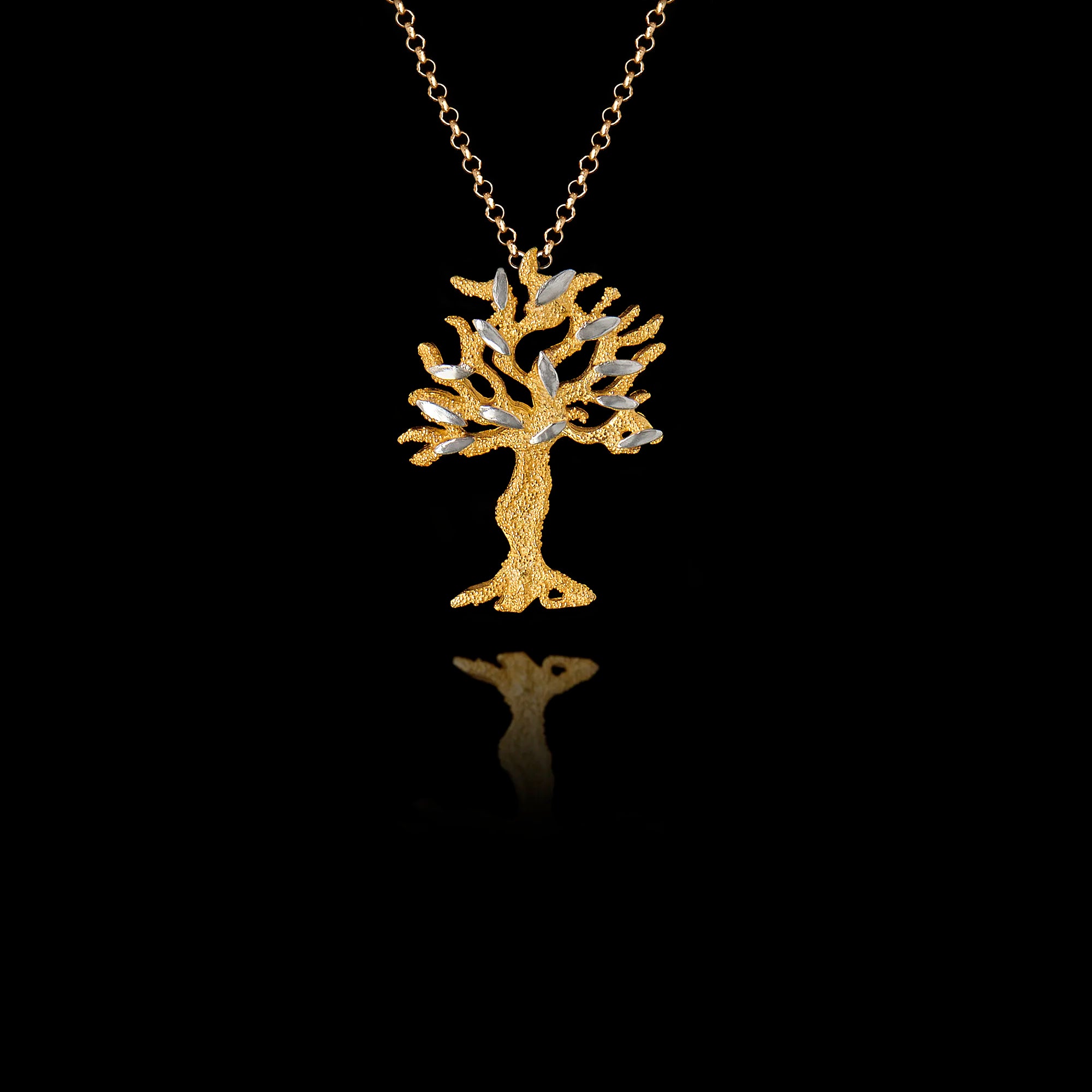 Gold olive tree pendant on a chain against a black background Main image