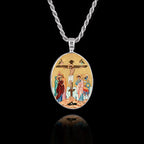 Oval 925 sterling silver pendant featuring a Byzantine icon of the Crucifixion of Jesus with Mary, John, and the skull of Adam.
