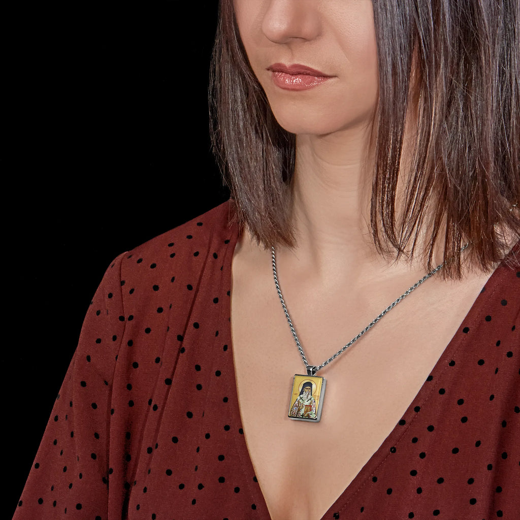 Saint Nectarios Silver Icon Pendant - Orthodox Christian Necklace