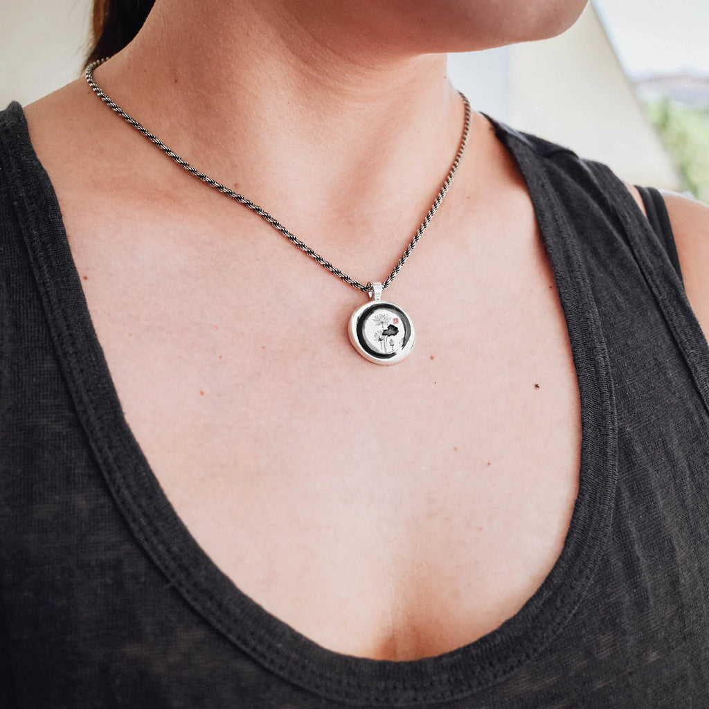 Zen Lotus Flower Silver Pendant - Japanese Sumi-e Art Necklace