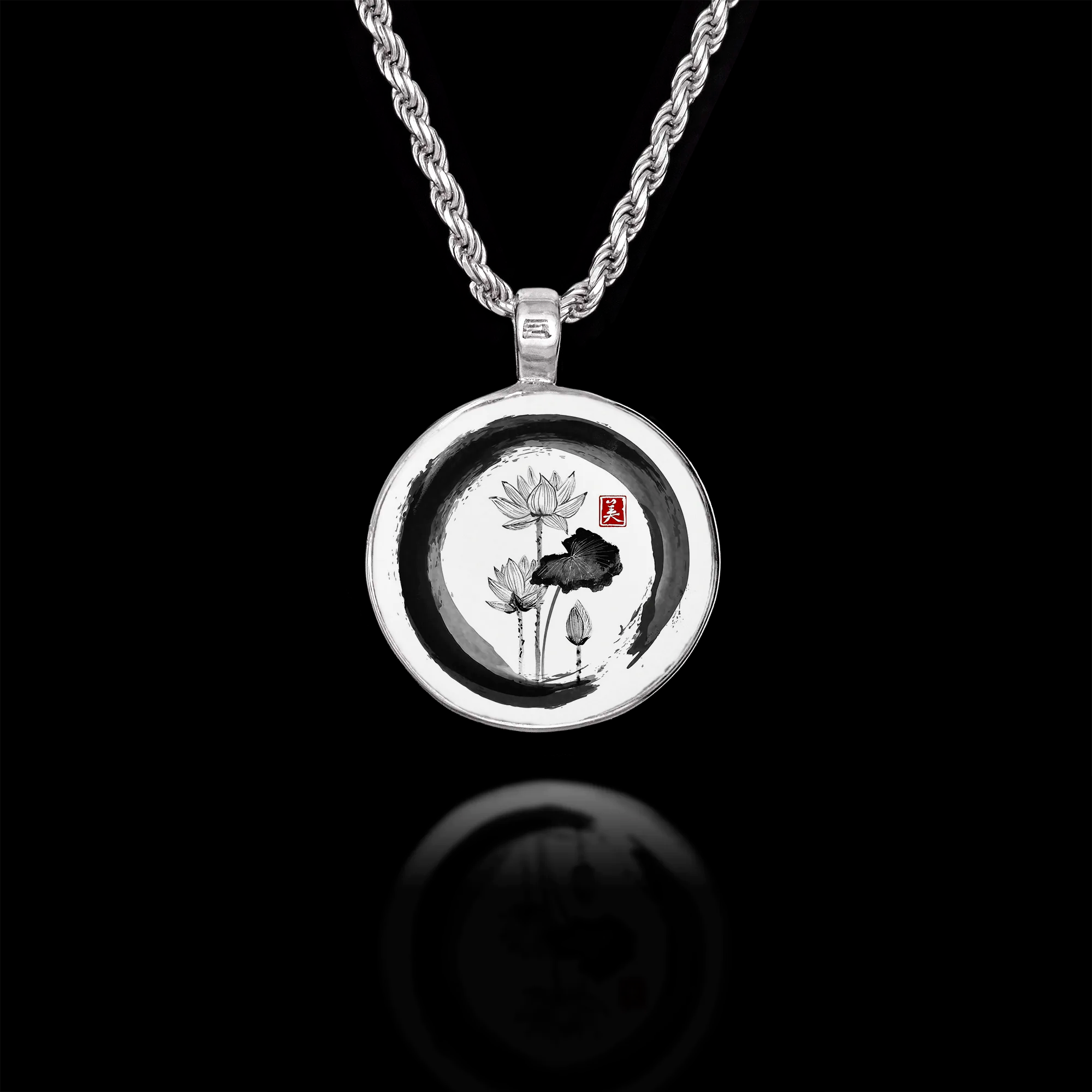 Round 925 sterling silver pendant featuring a Japanese ink wash painting of lotus flowers with a red seal.