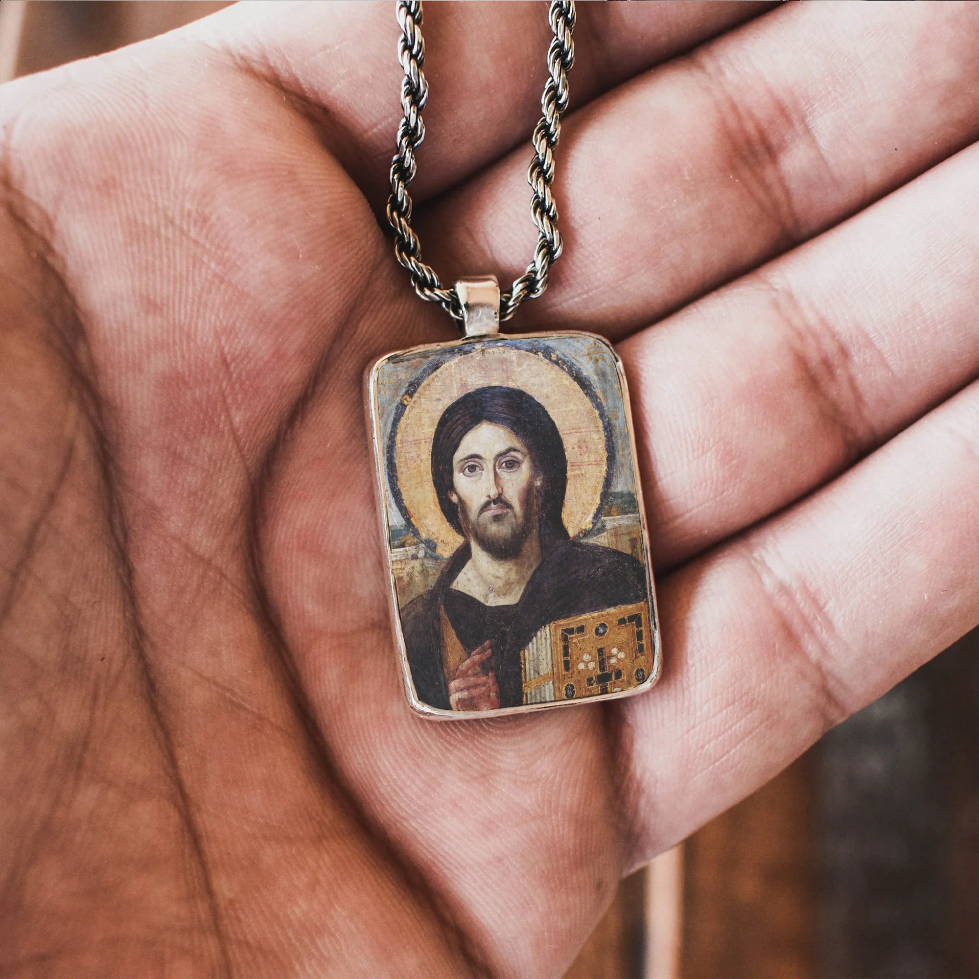 Jesus Christ Pantocrator Silver Icon Pendant - Orthodox Necklace