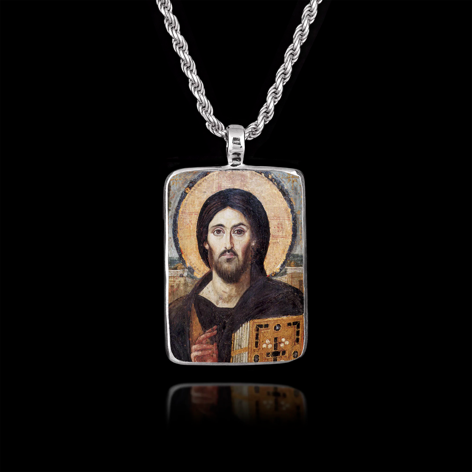 Rectangular silver pendant featuring a Byzantine-style colour icon of Jesus Christ Pantocrator holding the Gospel. Main image