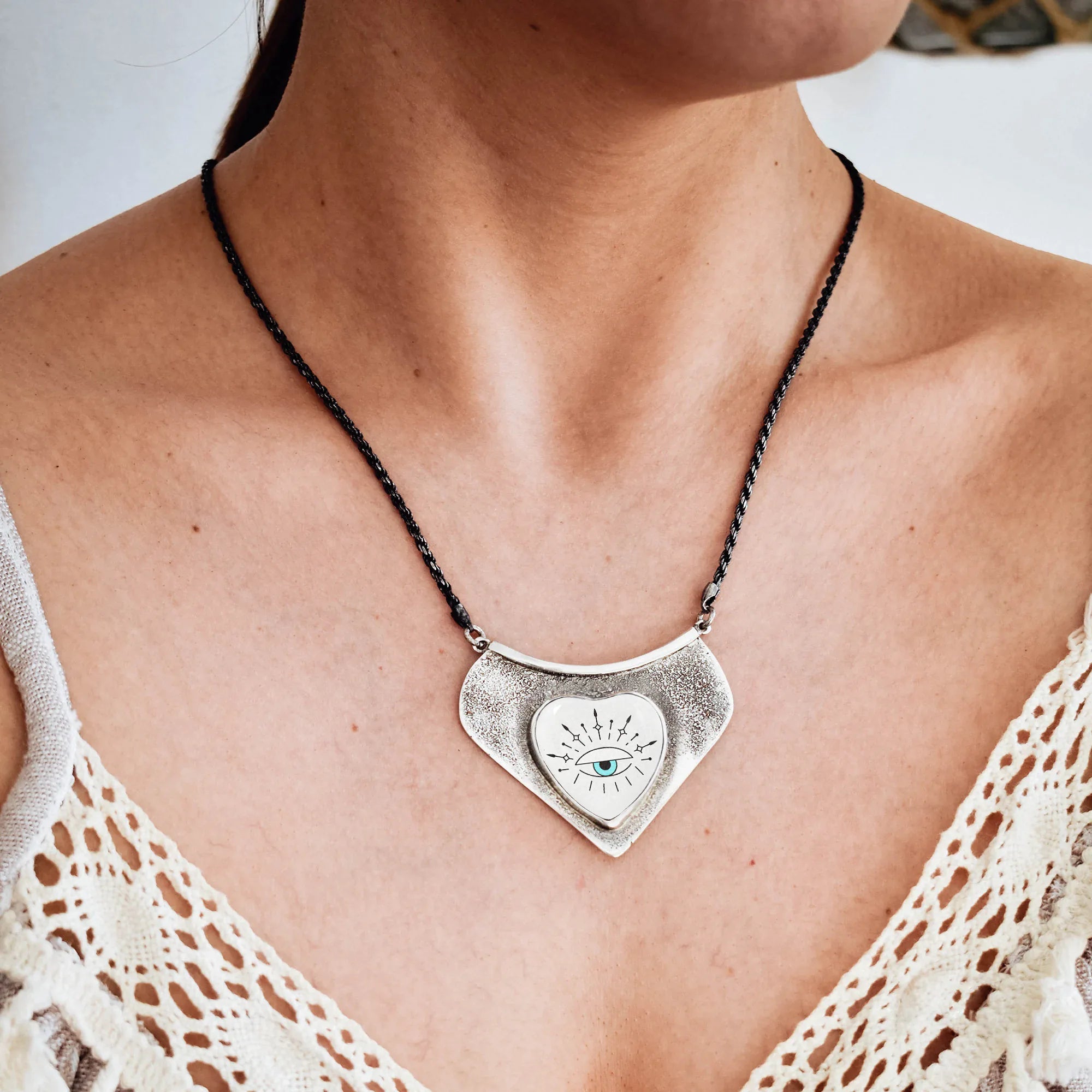 Evil Eye Heart Shield Silver Necklace - Modern Protection Amulet
