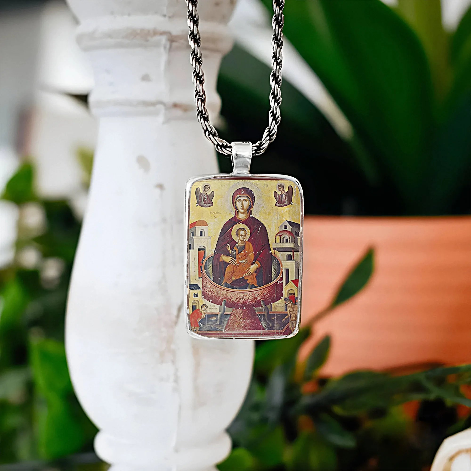 Life-Giving Spring Silver Icon Pendant - Theotokos Orthodox Necklace