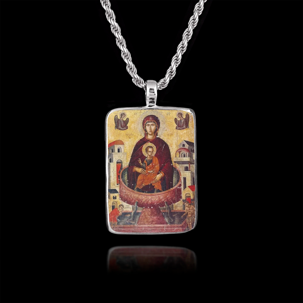 Silver pendant featuring the Orthodox icon of the Life-Giving Spring (Zoodochos Pigi) with Virgin Mary and Christ in a font