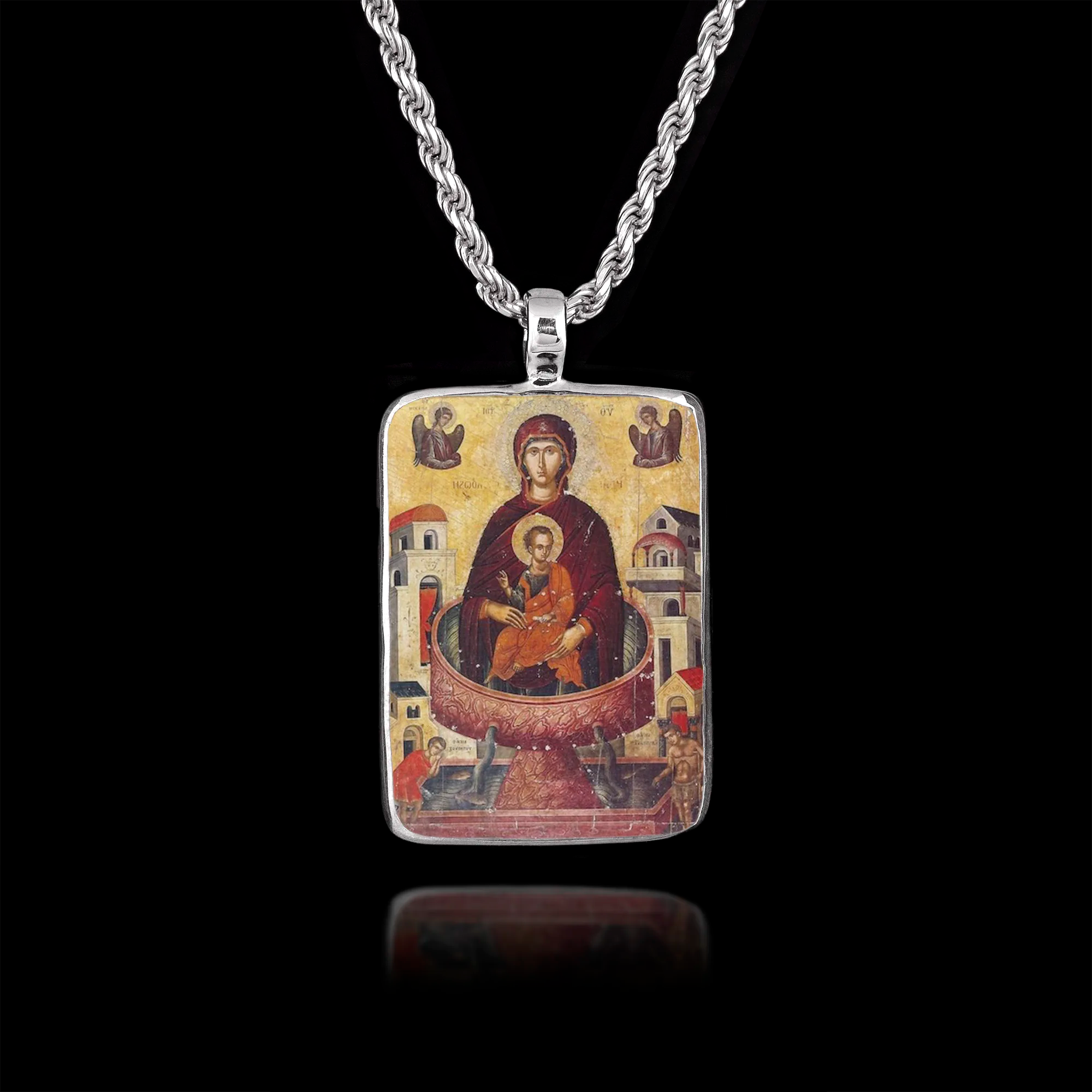 Silver pendant featuring the Orthodox icon of the Life-Giving Spring (Zoodochos Pigi) with Virgin Mary and Christ in a font
