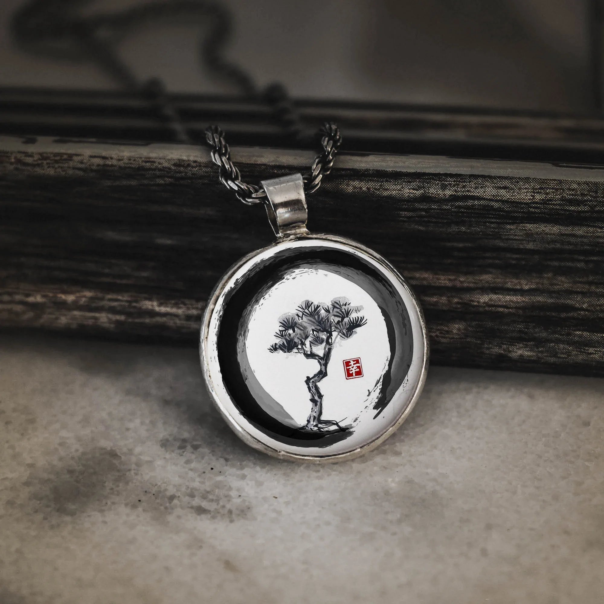 Zen Pine Tree Silver Pendant - Japanese Sumi-e Art Necklace Secondary image