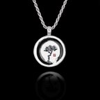 Round 925 sterling silver pendant featuring a Japanese ink wash painting of a pine tree inside an Enso circle.