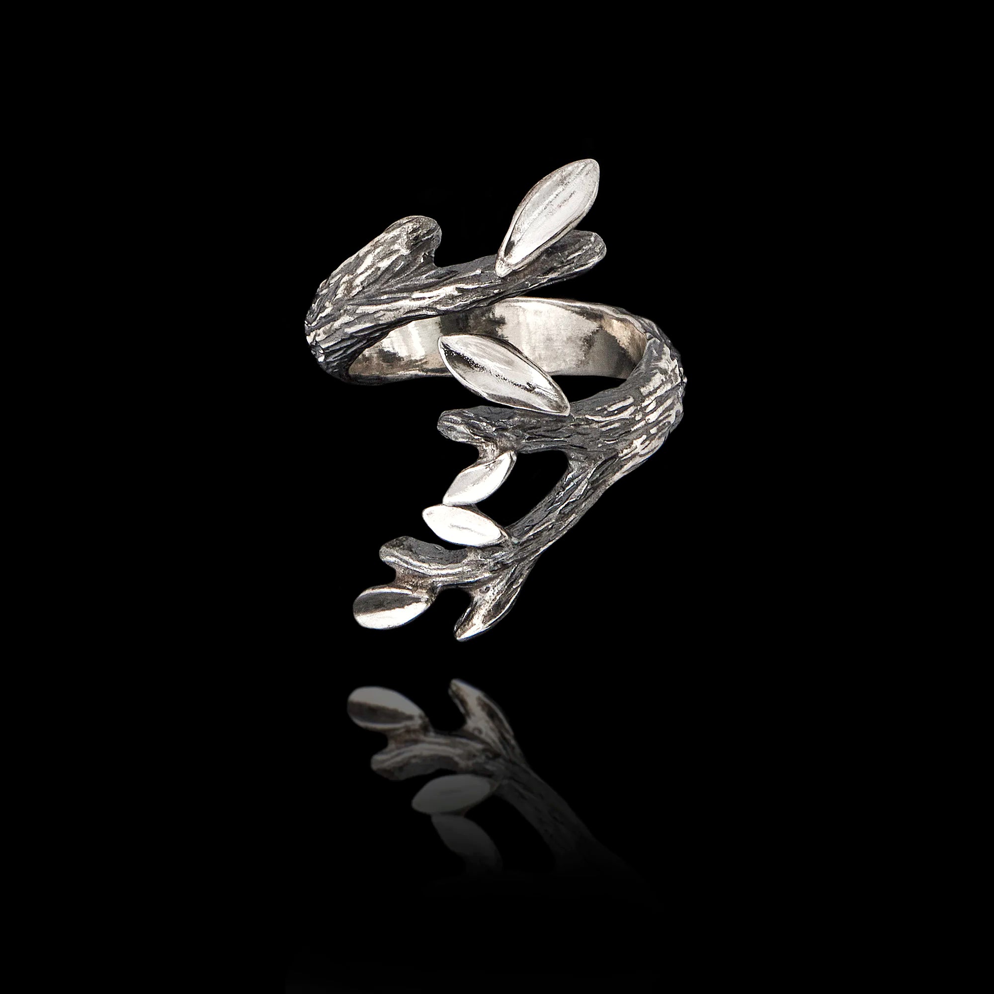 Oxidized Olive Leaf Branch Ring - 925 Silver Secondary image