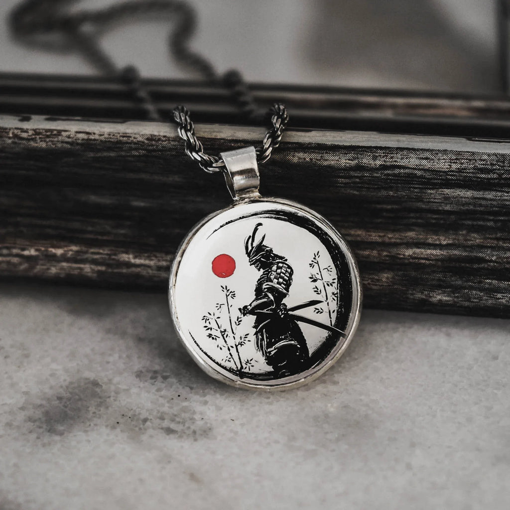 Samurai Warrior Silver Pendant - Japanese Bushido Art Necklace