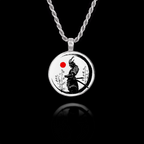 Round 925 sterling silver pendant featuring a black silhouette of a Samurai warrior with a red sun and bamboo.