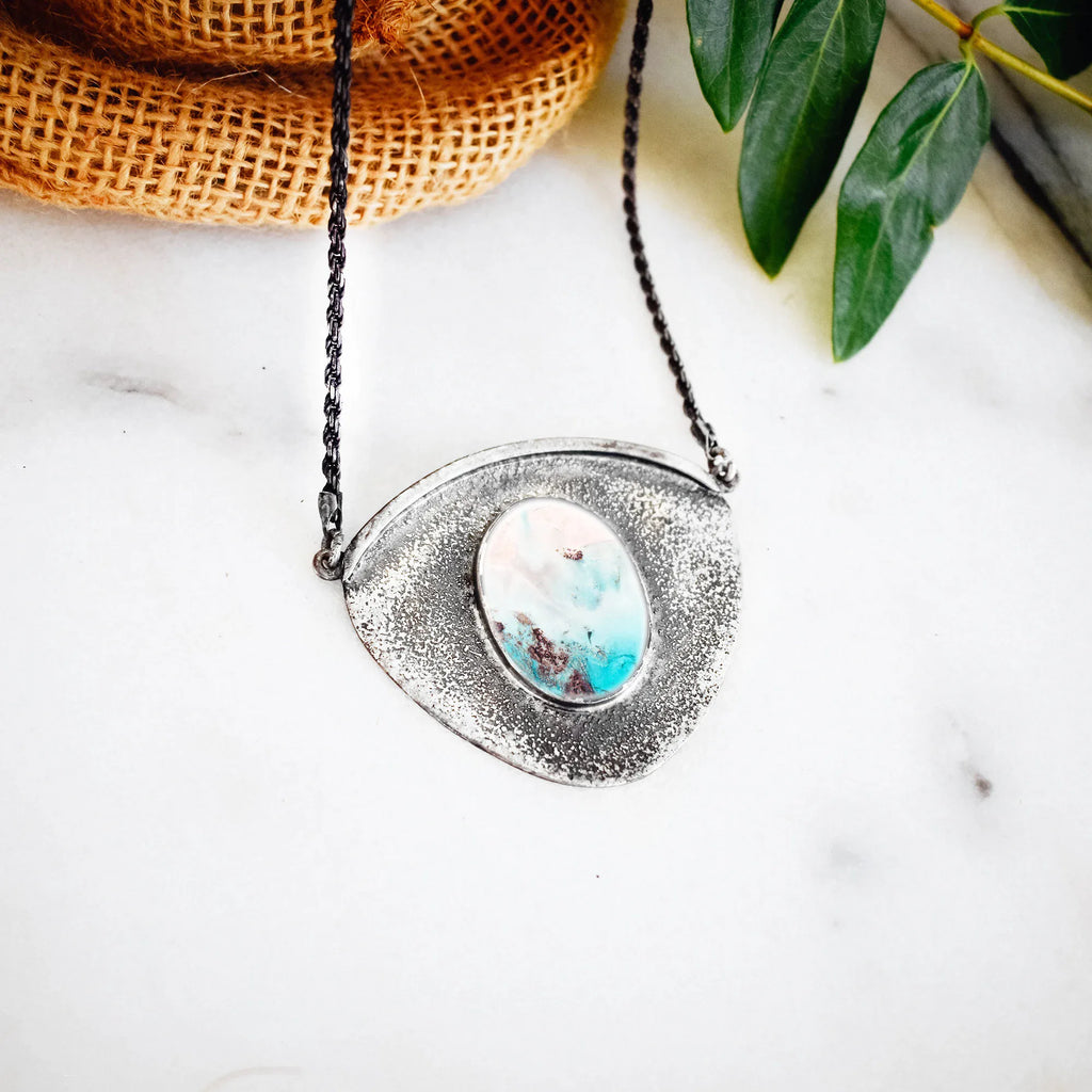 Tropical Beach Silver Necklace - Abstract Ocean Art Pendant