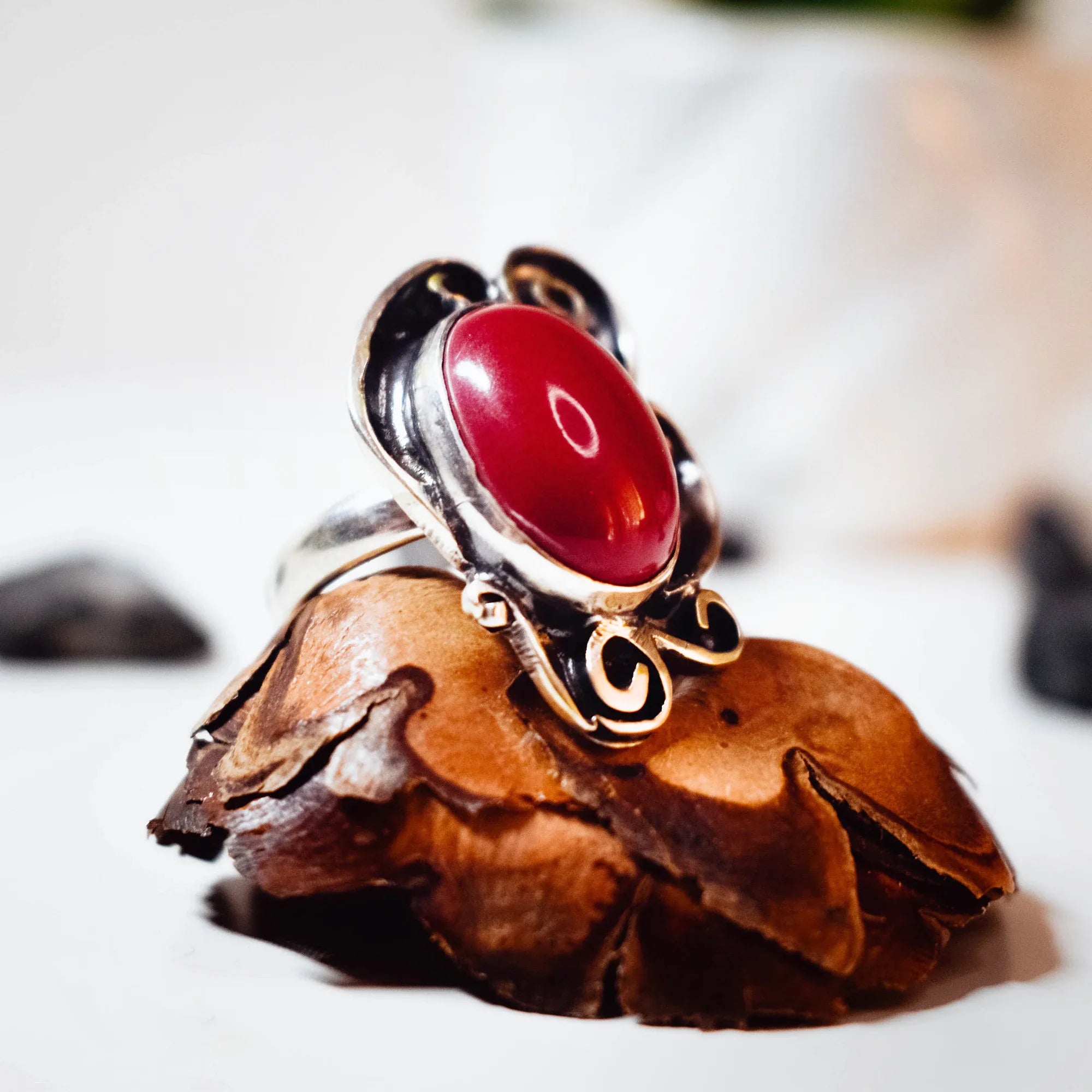 Side view of a silver coral ring showing the ornate oxidised silver scroll frame, vivid red coral cabochon and the plain polished adjustable silver band on a pine cone display.