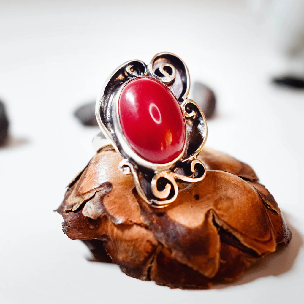 Silver ring with an ornate oxidised scroll setting holding a smooth oval red coral cabochon, displayed on a pine cone with dark stones around it.