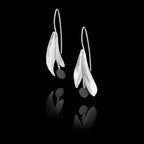 Side view of the silver leaf earrings showing the textured round gemstone and long hook fastening.