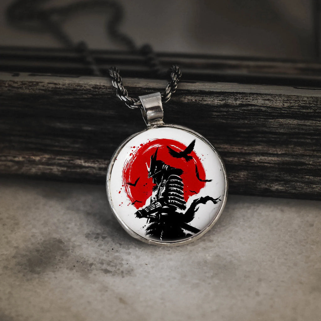 Red Sun Samurai Silver Pendant - Japanese Warrior Necklace