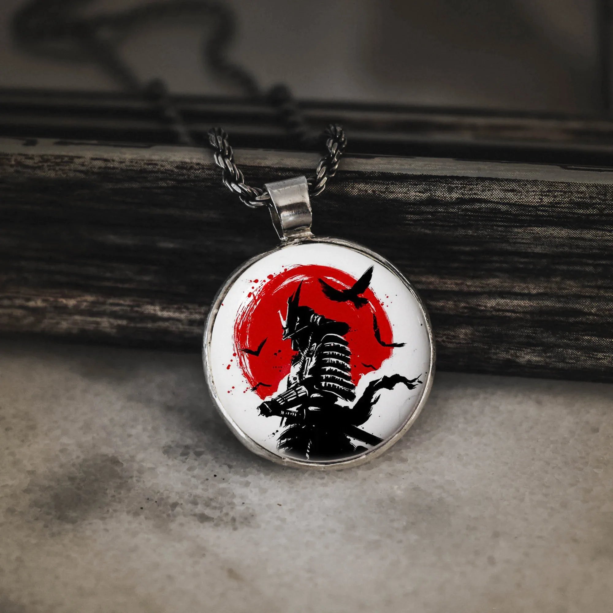 Red Sun Samurai Silver Pendant - Japanese Warrior Necklace