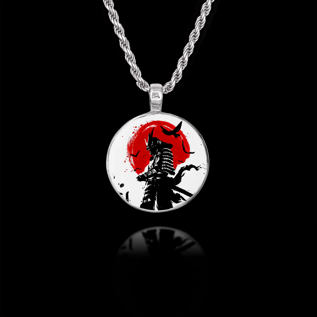 Round 925 sterling silver pendant featuring a black samurai silhouette against a large red brushstroke sun with birds.