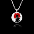 Round 925 sterling silver pendant featuring a black samurai silhouette against a large red brushstroke sun with birds.