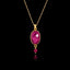 Gold plated 925 sterling silver pendant necklace featuring a large oval ruby gemstone with a small ruby bead dangle on an adjustable chain.