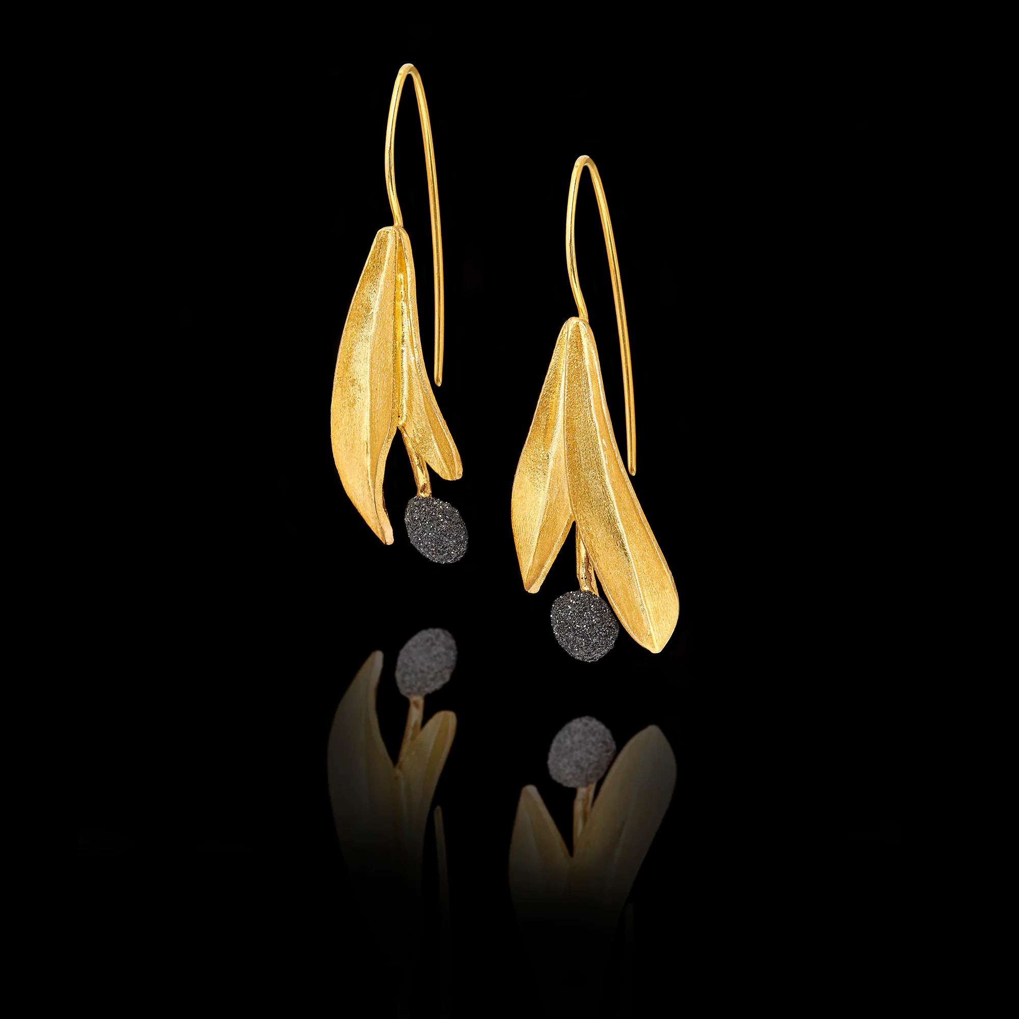 Gold Double Olive Leaf Drop Earrings - 925 Silver Secondary image