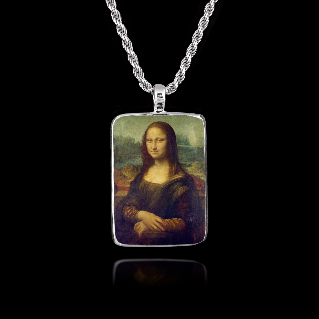Rectangular 925 sterling silver pendant featuring the famous Mona Lisa portrait by Leonardo da Vinci.