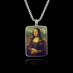Rectangular 925 sterling silver pendant featuring the famous Mona Lisa portrait by Leonardo da Vinci.
