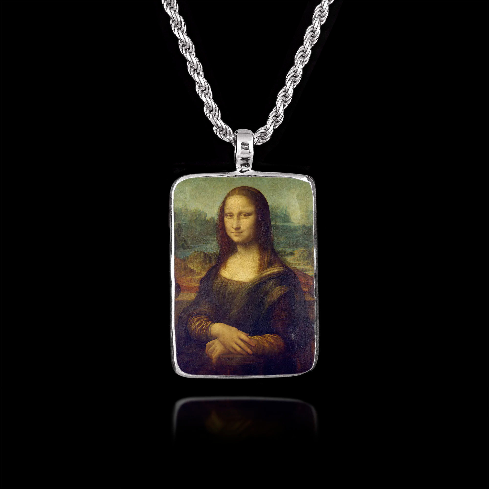 Rectangular 925 sterling silver pendant featuring the famous Mona Lisa portrait by Leonardo da Vinci.