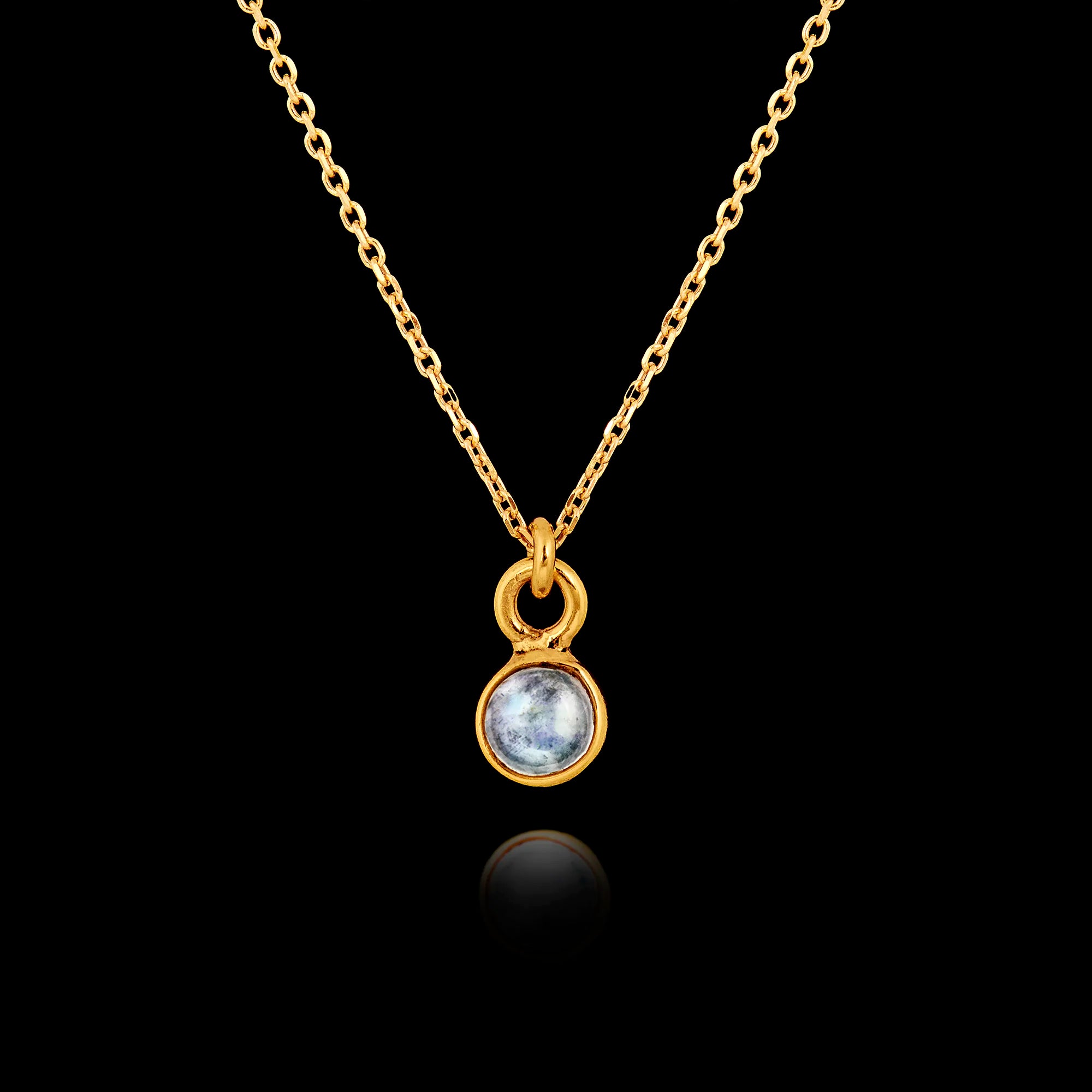 Gold plated 925 sterling silver pendant necklace featuring a round 5mm moonstone gemstone on an adjustable chain.