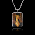 Rectangular 925 sterling silver pendant featuring Amedeo Modigliani's portrait of Jeanne Hébuterne with a large hat.