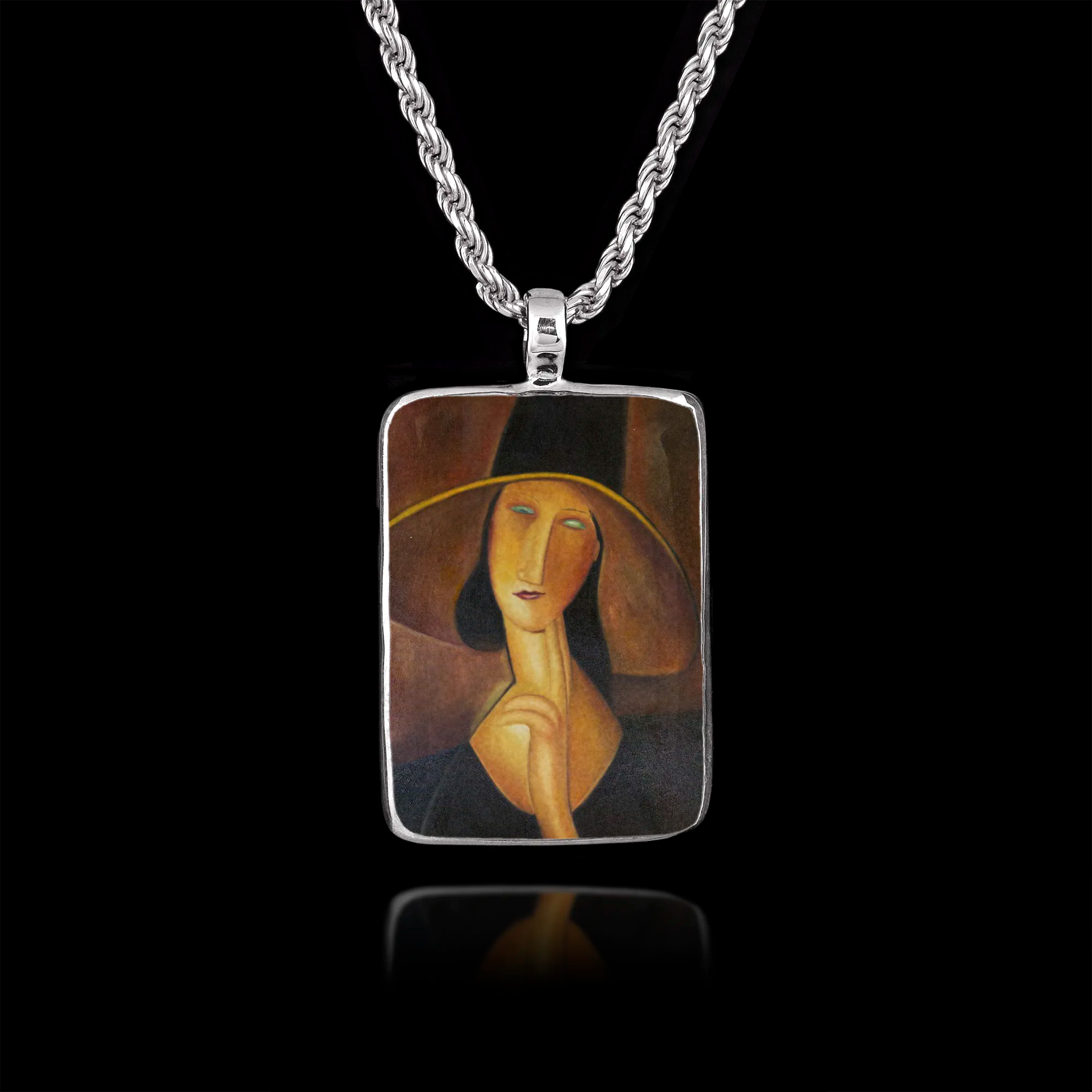 Rectangular 925 sterling silver pendant featuring Amedeo Modigliani's portrait of Jeanne Hébuterne with a large hat. Main image