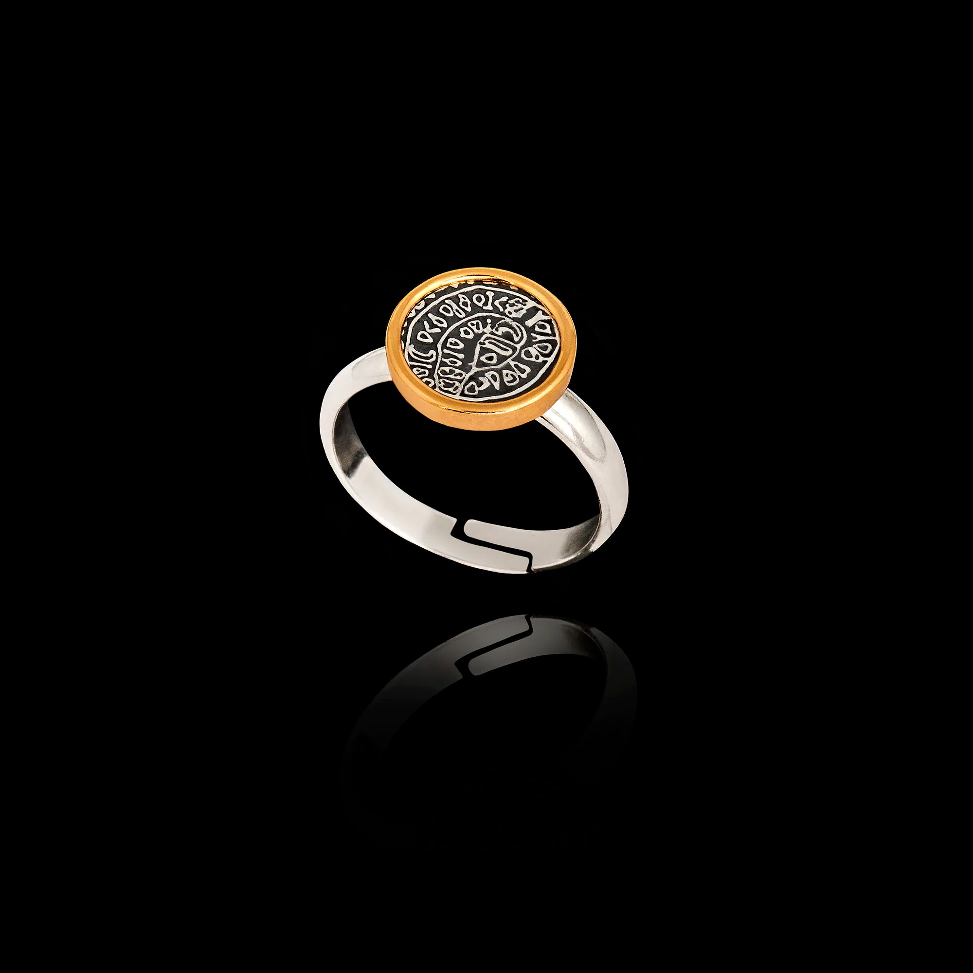 Phaistos Disc Ring - Gold Plated & Oxidized 925 Silver Adjustable Band