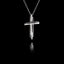 Handcrafted 925 sterling silver modern cross pendant featuring a sculptural double-bar design with oxidised and rhodium-plated finish, on a silver chain against a black background.