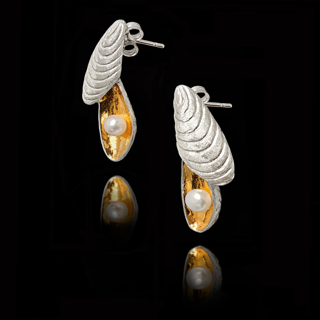 Oyster Shell Pearl Stud Earrings - 925 Silver