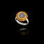 Adjustable ring featuring an oxidized silver Vergina Sun center surrounded by a gold-plated Meander (Greek Key) frame.