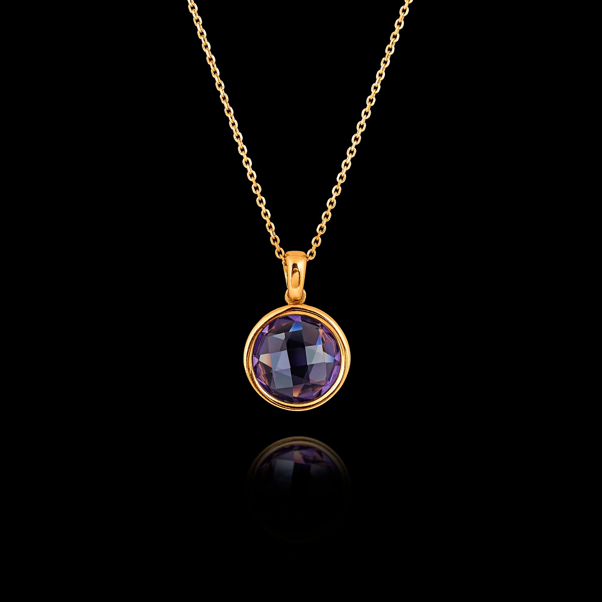 Gold plated 925 sterling silver pendant necklace featuring a round 1cm faceted synthetic amethyst gemstone on an adjustable chain.